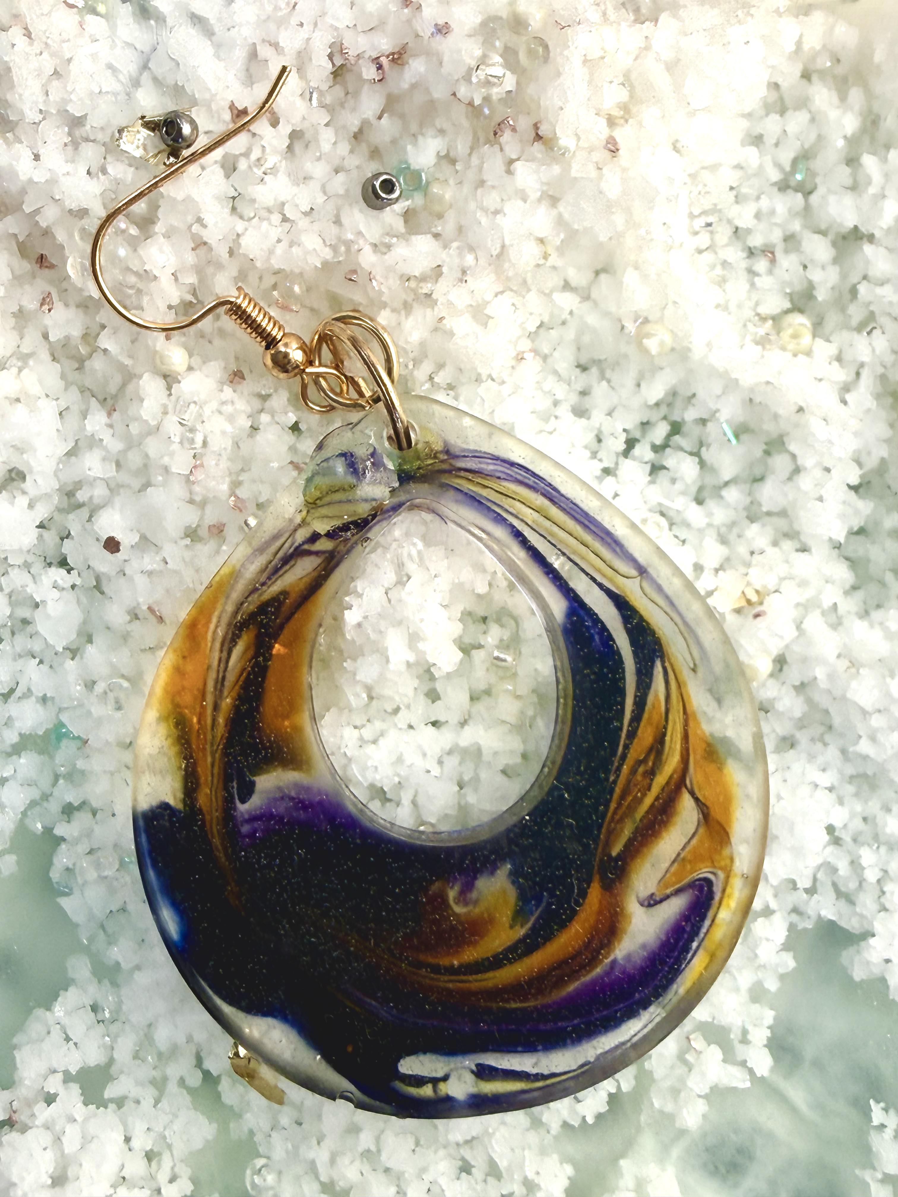 Handcrafted Resin Earrings with Bold Swirls of Purple and Gold – Lightweight Statement Jewelry