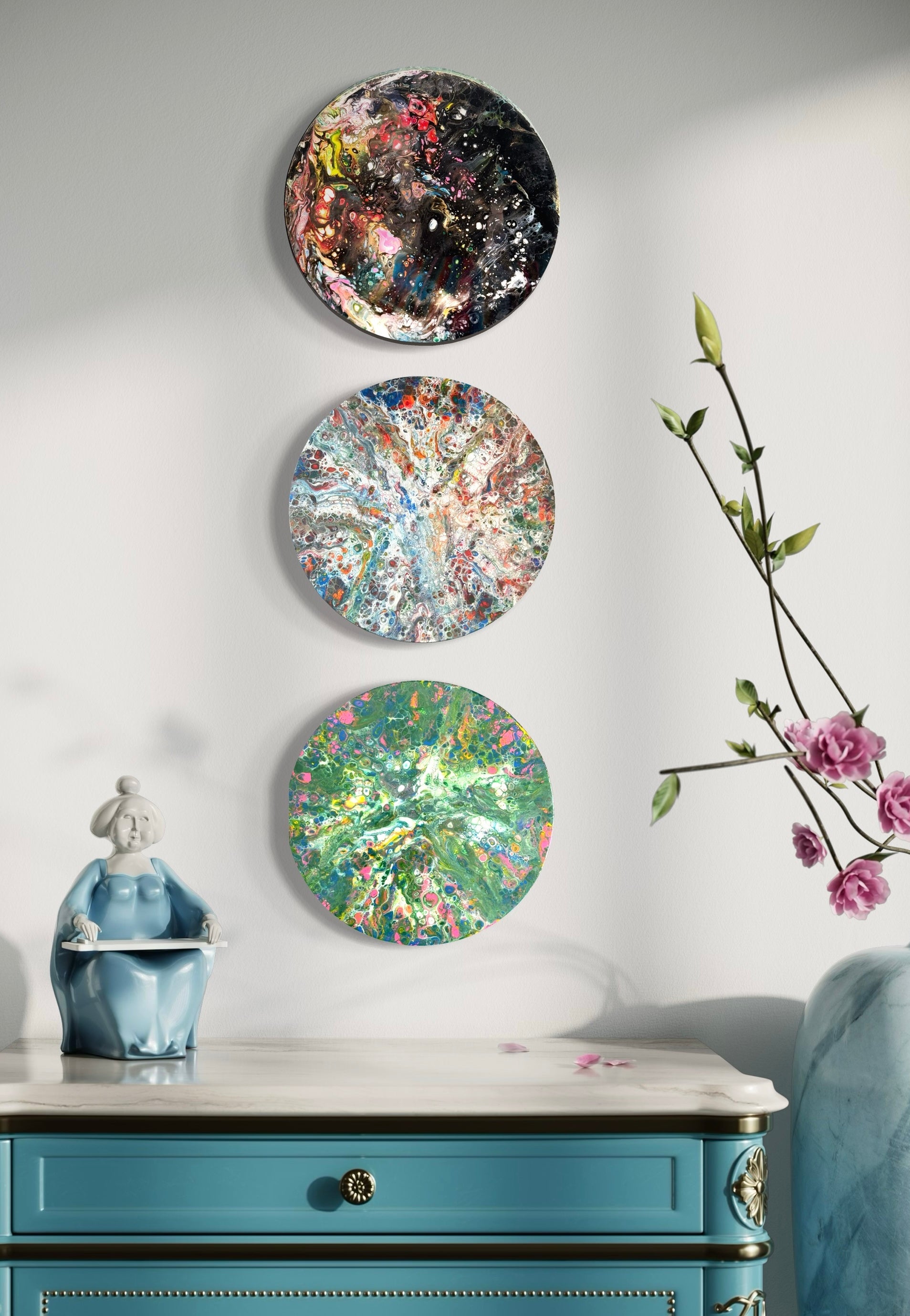 Heaven, Earth, & Sky – Abstract Round Wall Art Set (3-Piece Hand-Poured Acrylic Paintings)