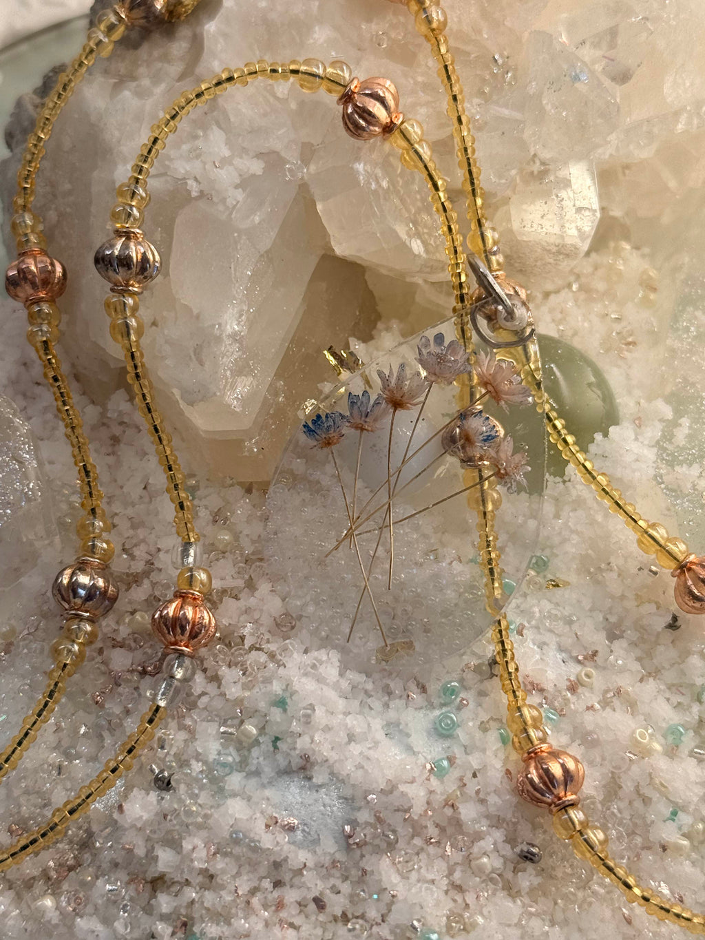 Hand-Crafted Dried Flower Resin Pendant Necklace – 20" Gold-Beaded Chain