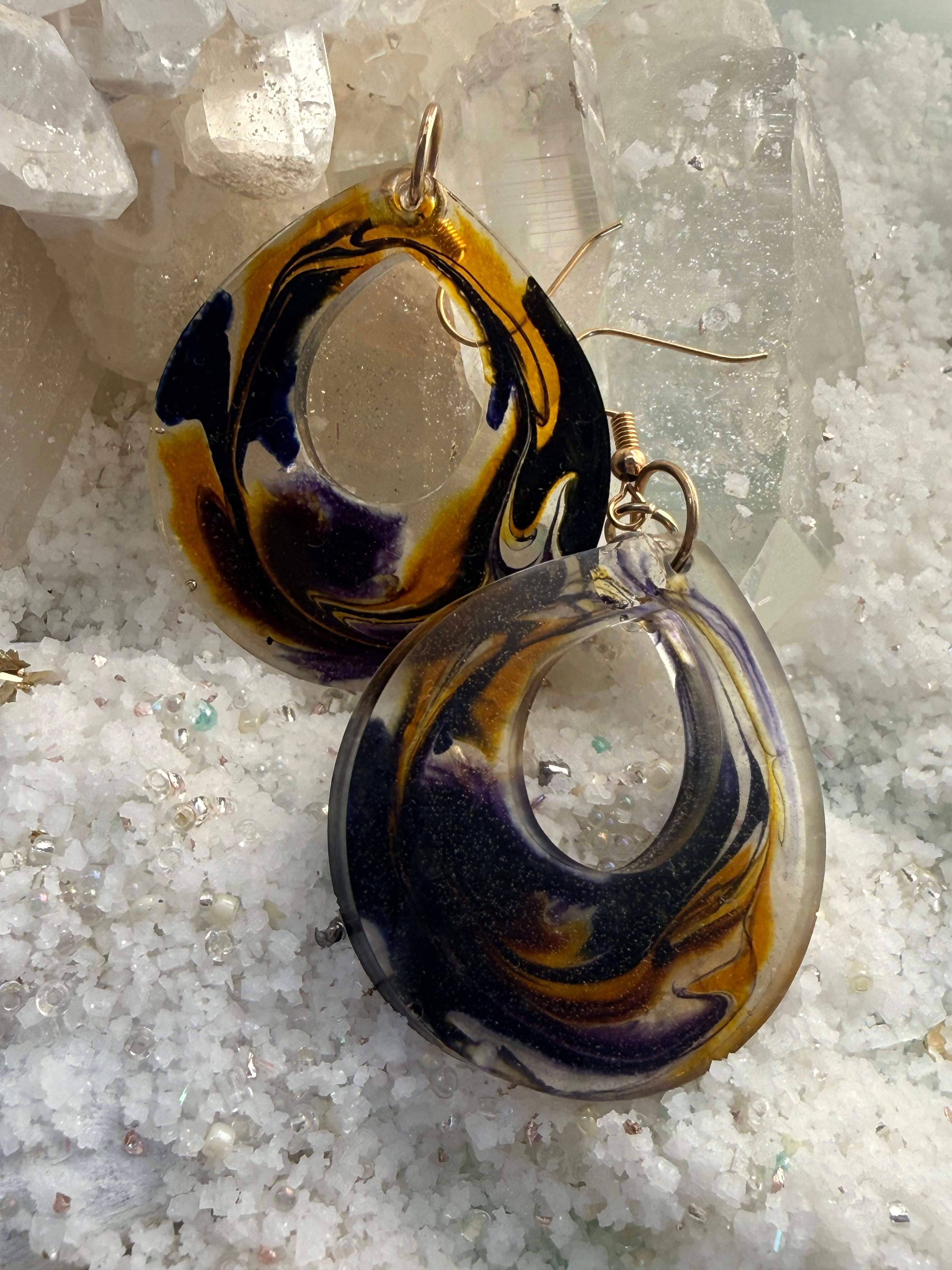 Handcrafted Resin Earrings with Bold Swirls of Purple and Gold – Lightweight Statement Jewelry