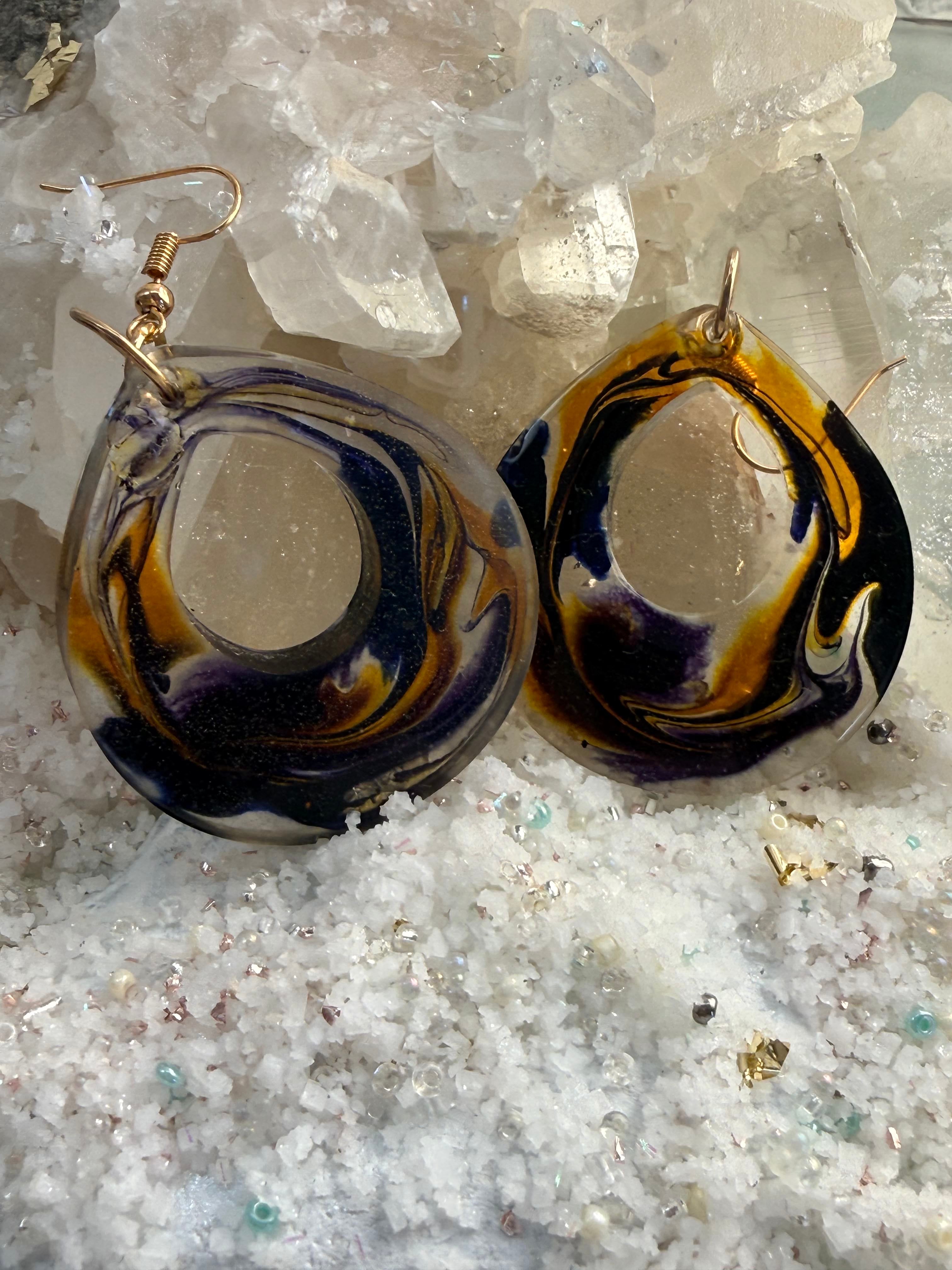 Handcrafted Resin Earrings with Bold Swirls of Purple and Gold – Lightweight Statement Jewelry
