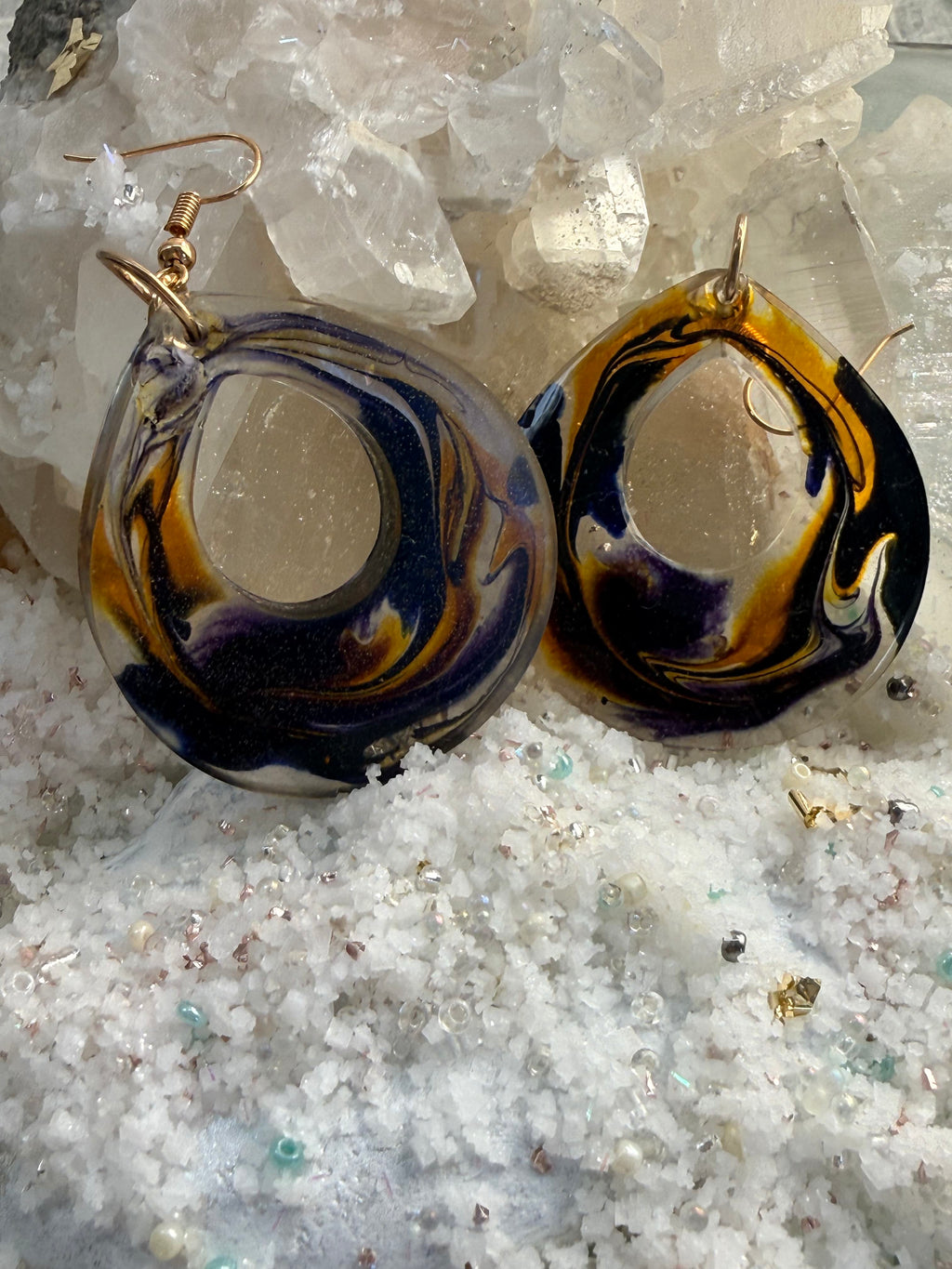 Handcrafted Resin Earrings with Bold Swirls of Purple and Gold – Lightweight Statement Jewelry