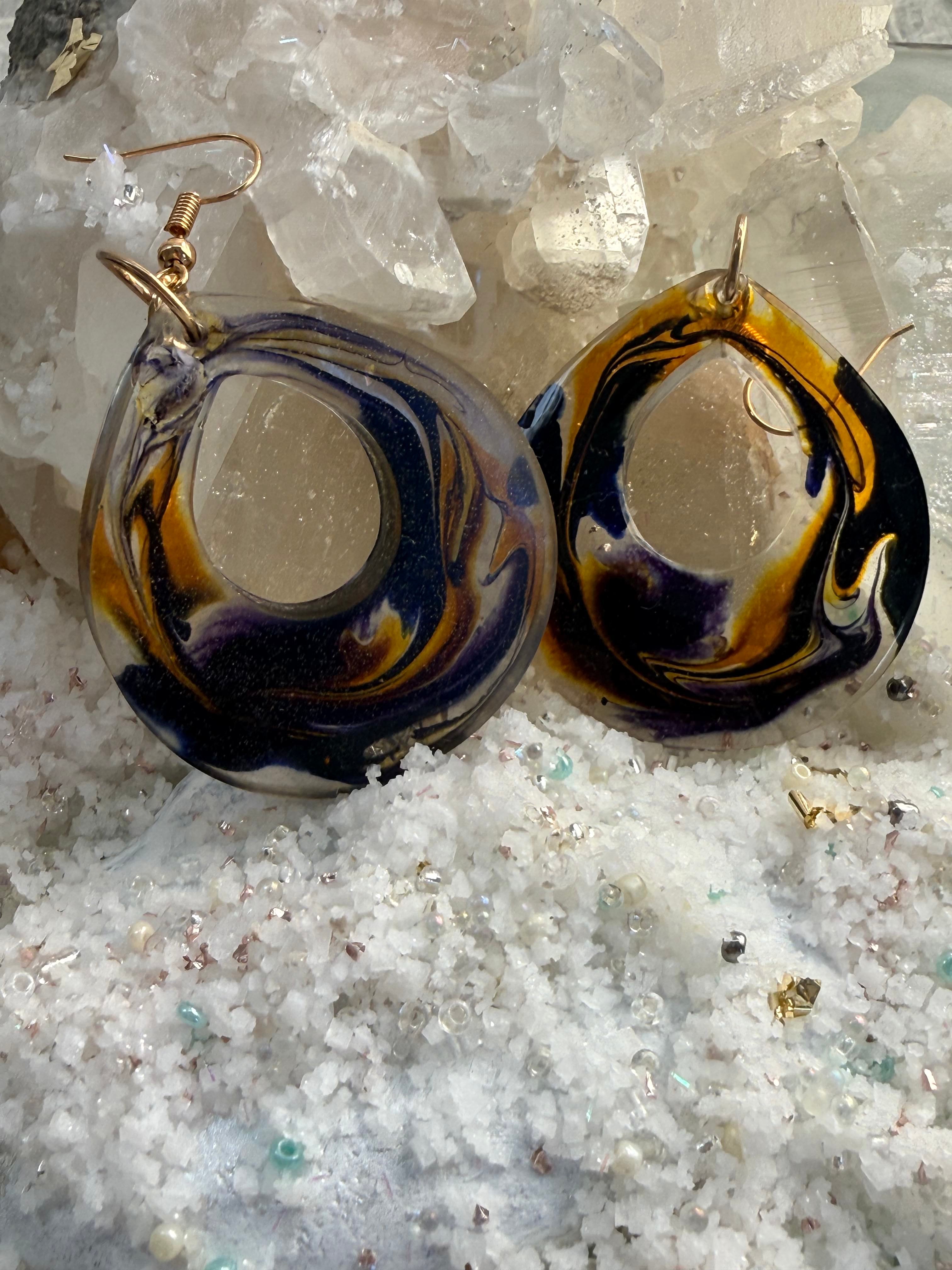 Handcrafted Resin Earrings with Bold Swirls of Purple and Gold – Lightweight Statement Jewelry