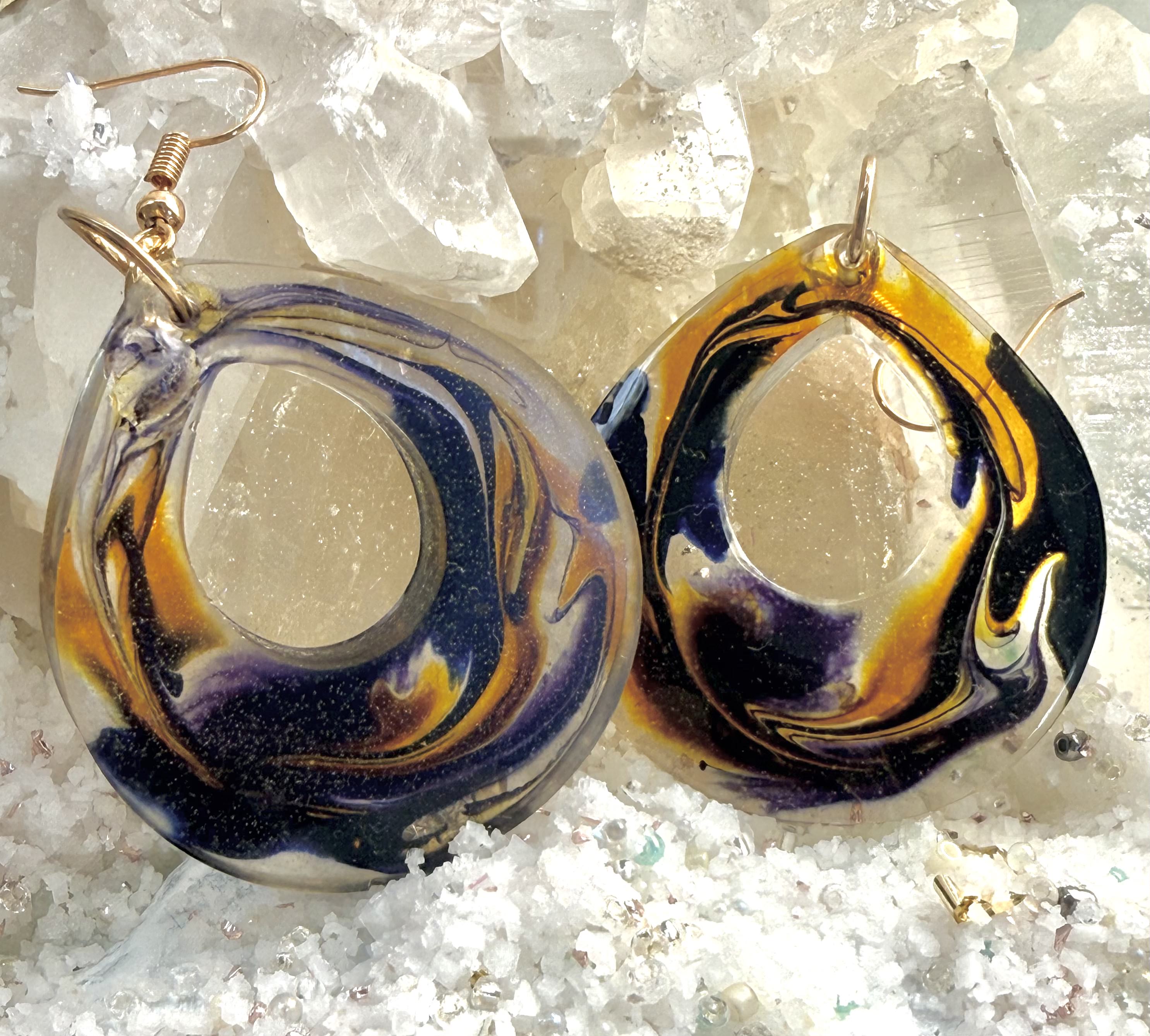 Handcrafted Resin Earrings with Bold Swirls of Purple and Gold – Lightweight Statement Jewelry
