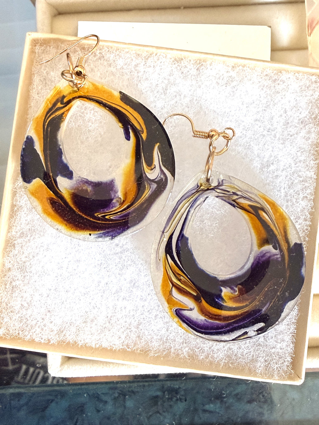 Handcrafted Resin Earrings with Bold Swirls of Purple and Gold – Lightweight Statement Jewelry