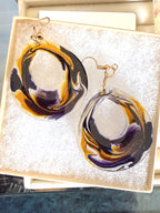 Handcrafted Resin Earrings with Bold Swirls of Purple and Gold – Lightweight Statement Jewelry
