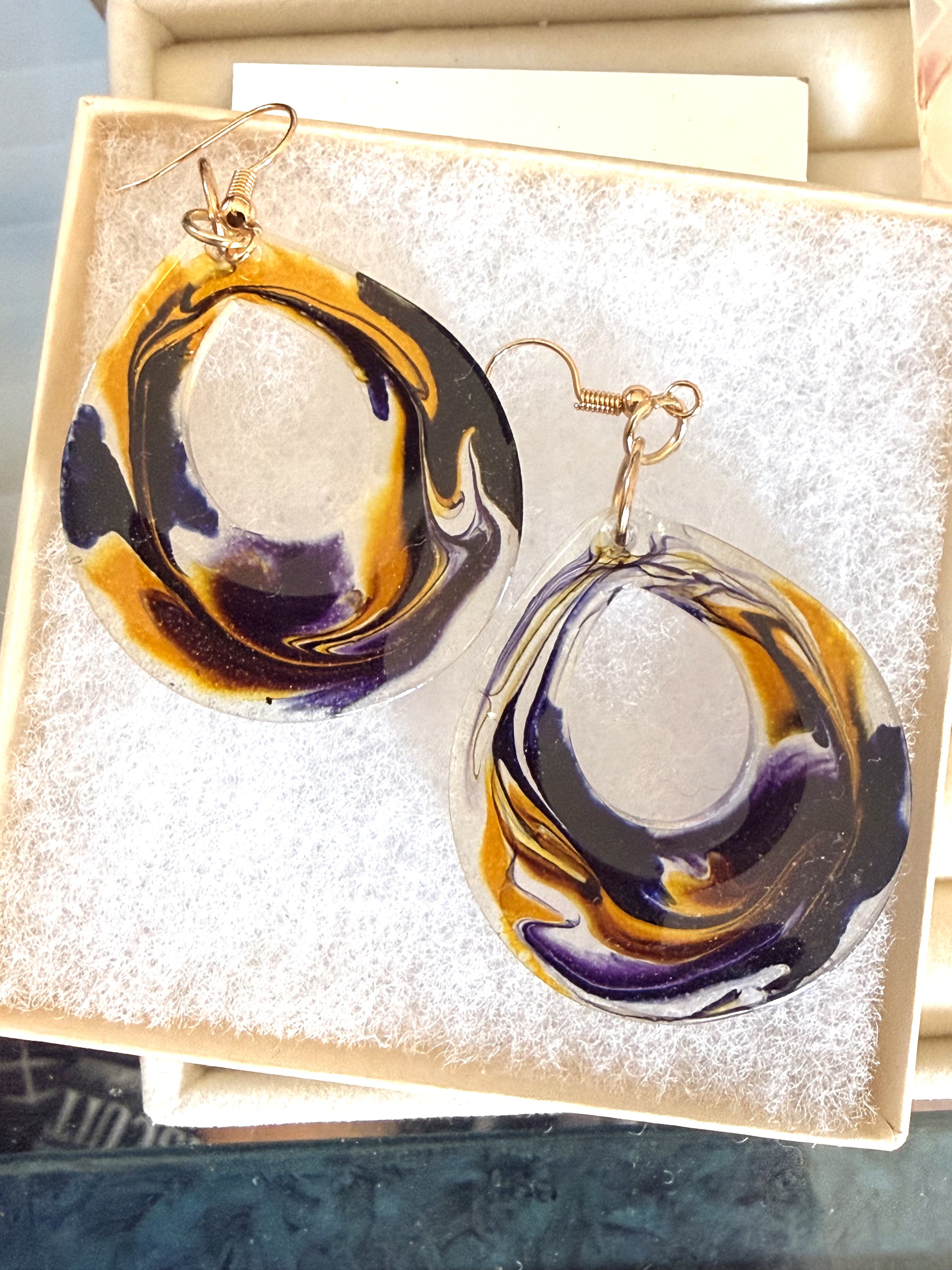 Handcrafted Resin Earrings with Bold Swirls of Purple and Gold – Lightweight Statement Jewelry
