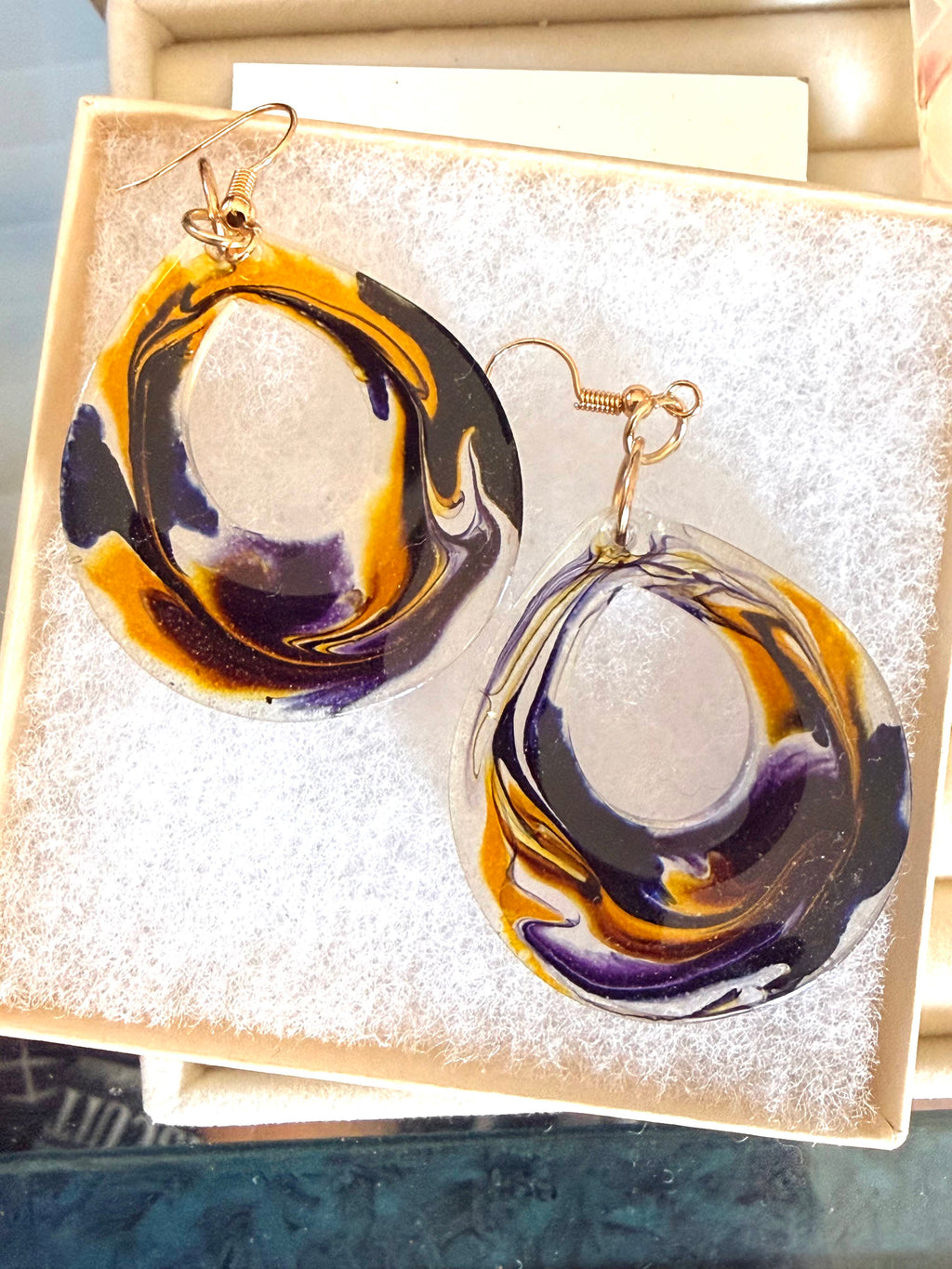 Handcrafted Resin Earrings with Bold Swirls of Purple and Gold – Lightweight Statement Jewelry