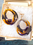 Handcrafted Resin Earrings with Bold Swirls of Purple and Gold – Lightweight Statement Jewelry