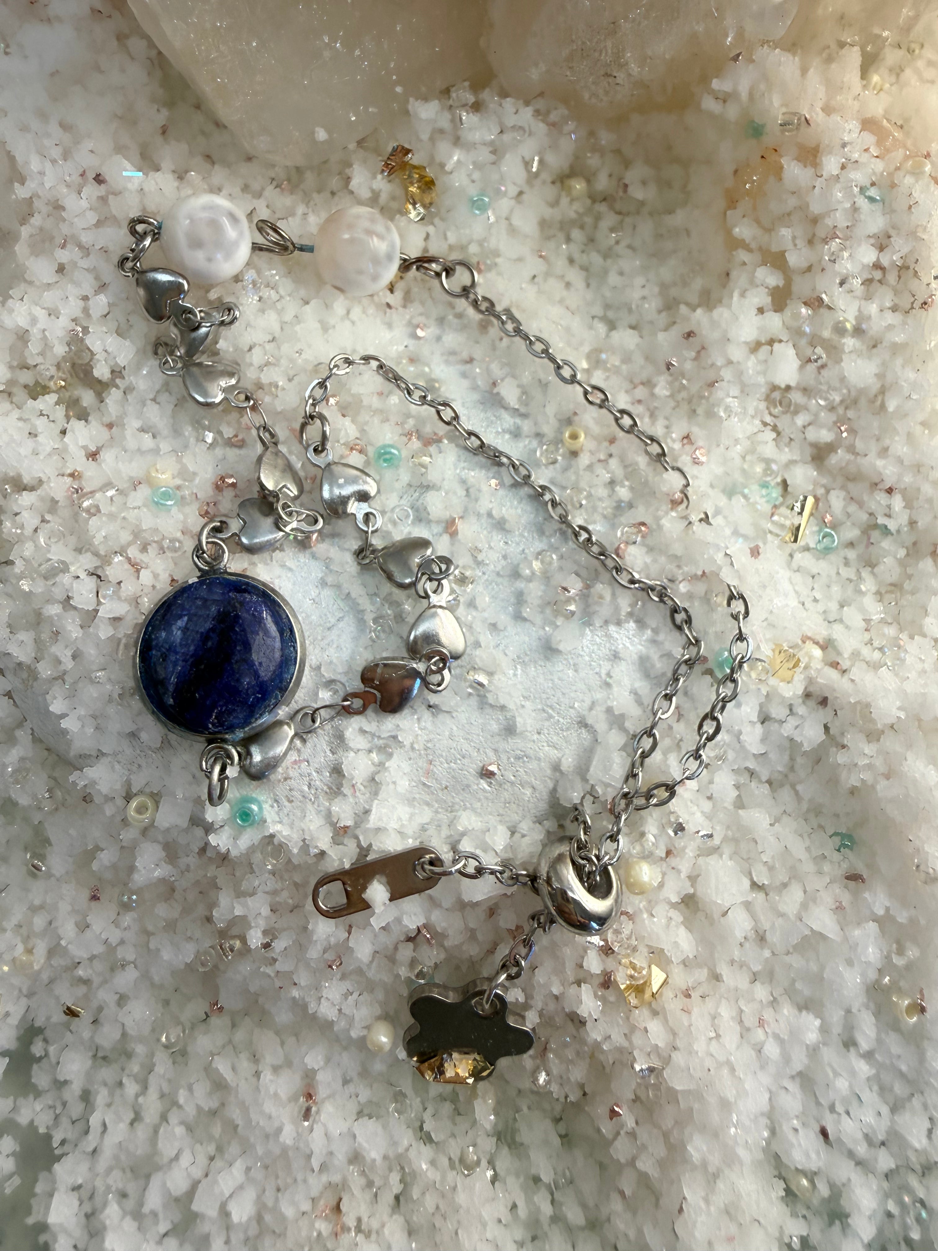 Lapis Lazuli & Pearl Charm Bracelet – 7” Sterling Silver Heart Chain with Crystal Bear Pendant