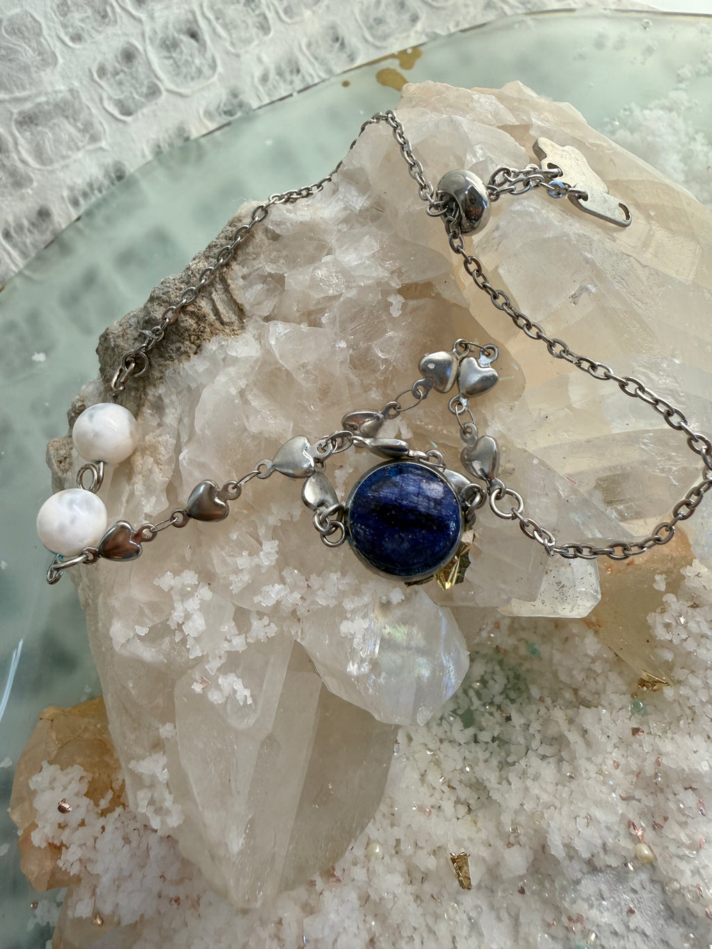 Lapis Lazuli & Pearl Charm Bracelet – 7” Sterling Silver Heart Chain with Crystal Bear Pendant