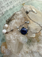 Lapis Lazuli & Pearl Charm Bracelet – 7” Sterling Silver Heart Chain with Crystal Bear Pendant