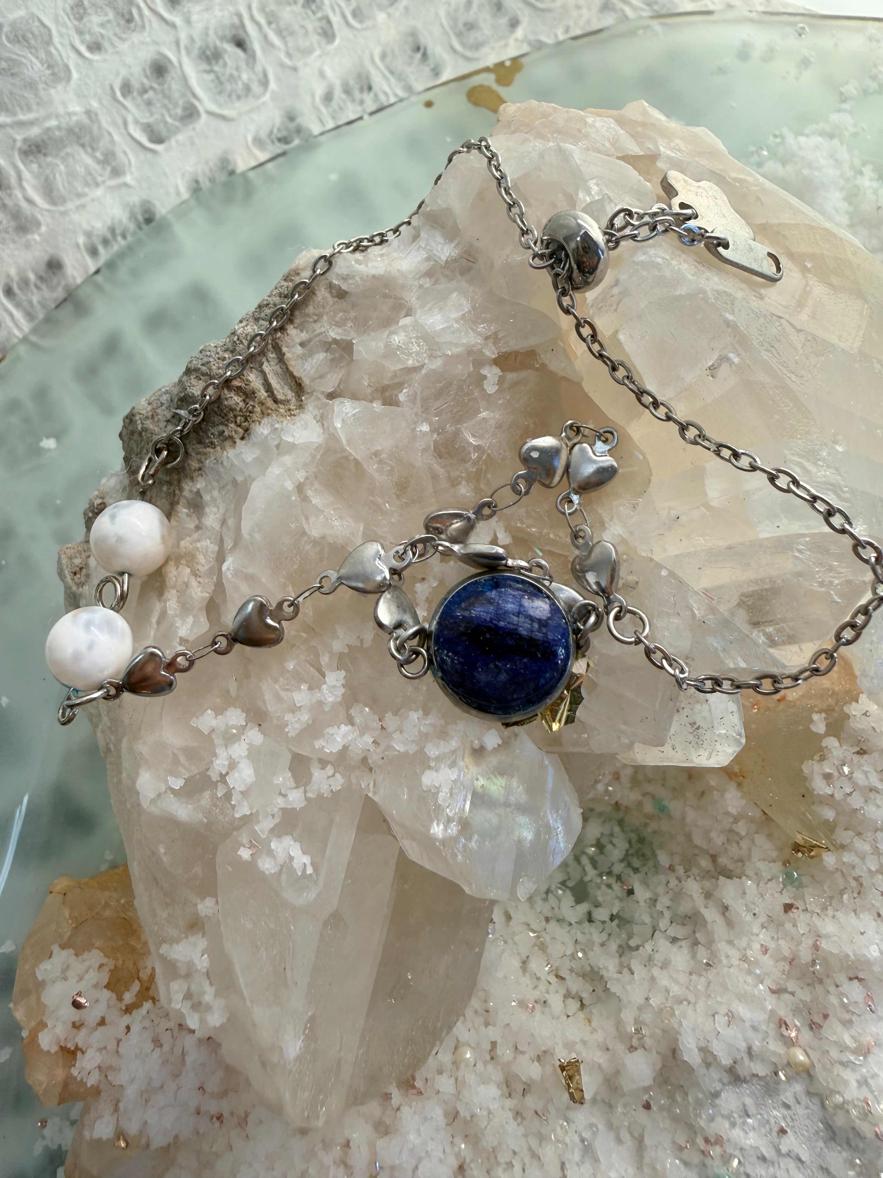 Lapis Lazuli & Pearl Charm Bracelet – 7” Sterling Silver Heart Chain with Crystal Bear Pendant