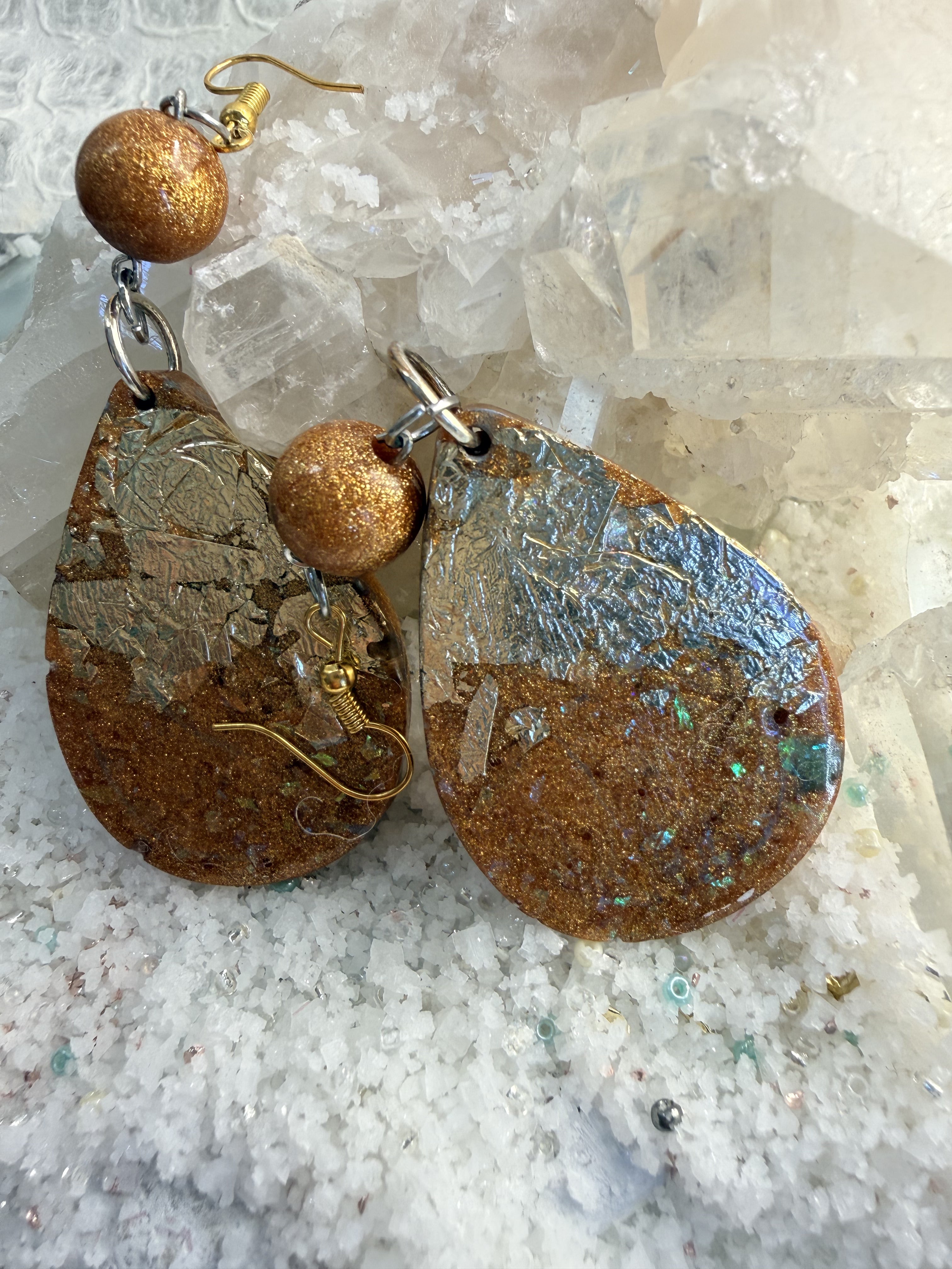 Golden Galaxy Teardrop Resin Earrings with Metallic Foil and Sparkle Beads