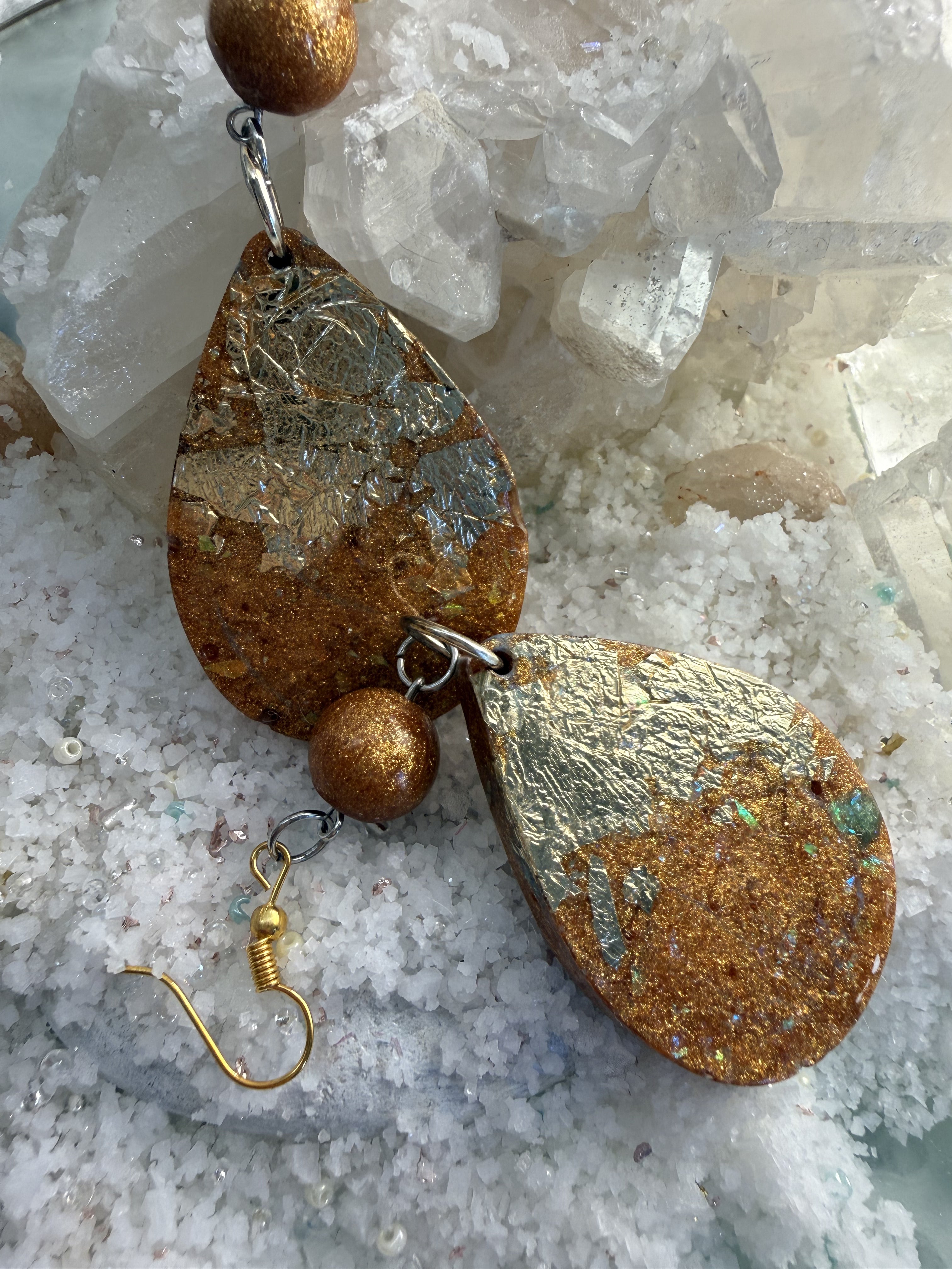 Golden Galaxy Teardrop Resin Earrings with Metallic Foil and Sparkle Beads