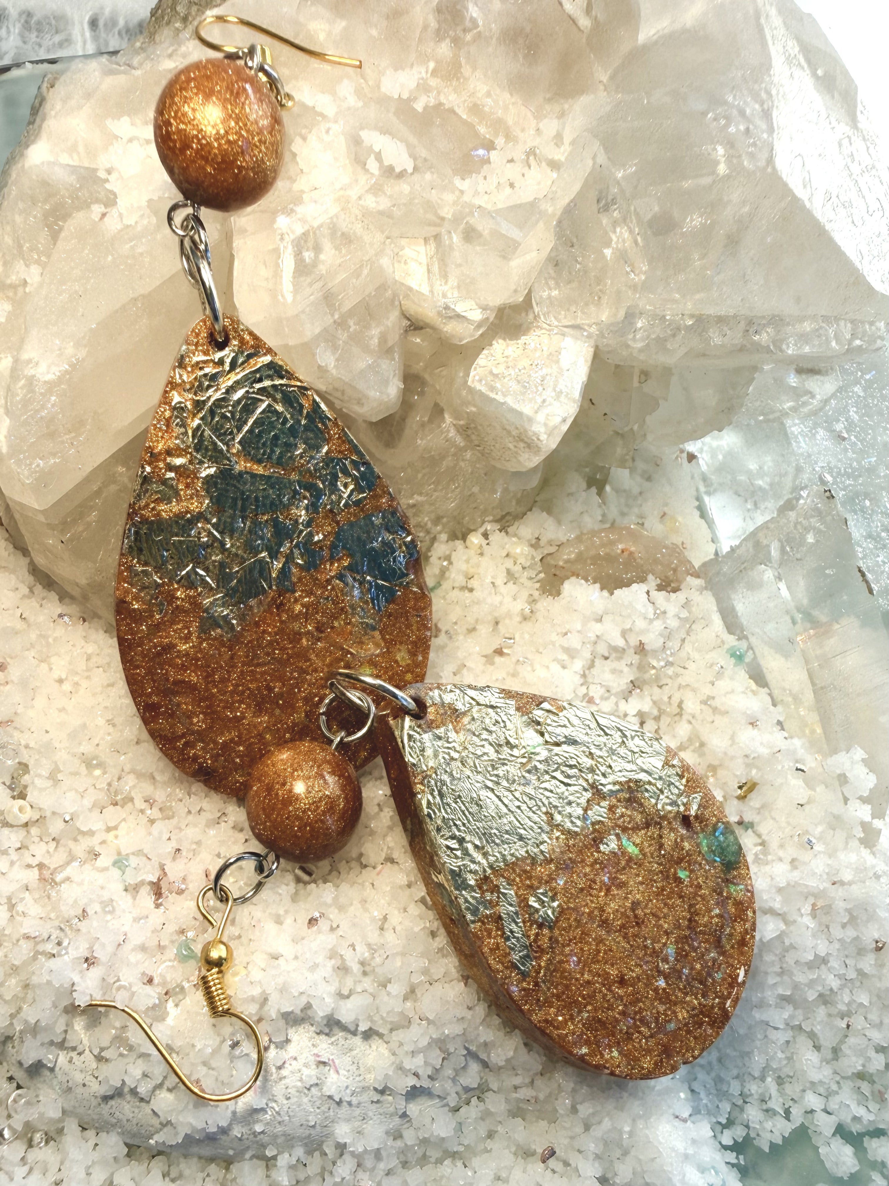 Golden Galaxy Teardrop Resin Earrings with Metallic Foil and Sparkle Beads